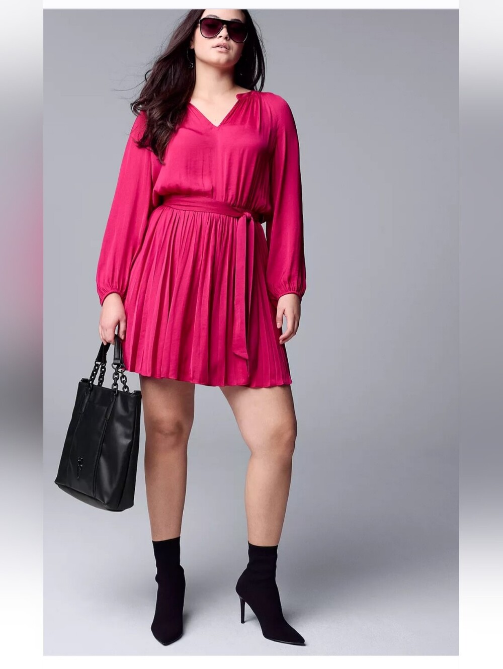 Simply Vera Wang .Vibrant Fuchsia V-Neck Long-Sleeve Mini Dress Small